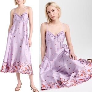 New Free People On My Own Floral Satin Nightgown Dress lilac combo sz S